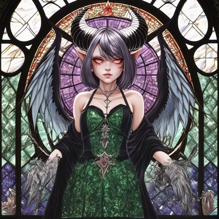 score_9, score_8_up, score_7_up, detailed background, curvy, goth girl, goat demon, magic spells, tattoos, scars, black hair red streak, cathedral stained glass windows, wings, luminous green eyes luisap, eyes, cleavage
