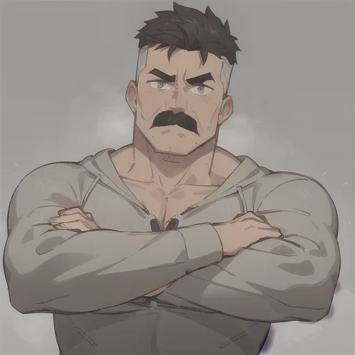 man,<lora:omnimanv2:0.6>, mustache, muscular, flexing muscules, gray hoodie, upper body close up,