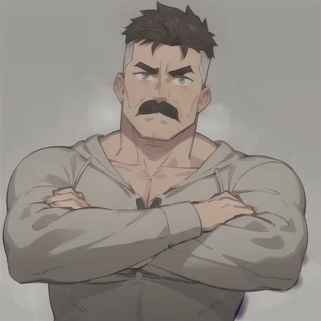 man,<lora:omnimanv2:0.6>, mustache, muscular, flexing muscules, gray hoodie, upper body close up,