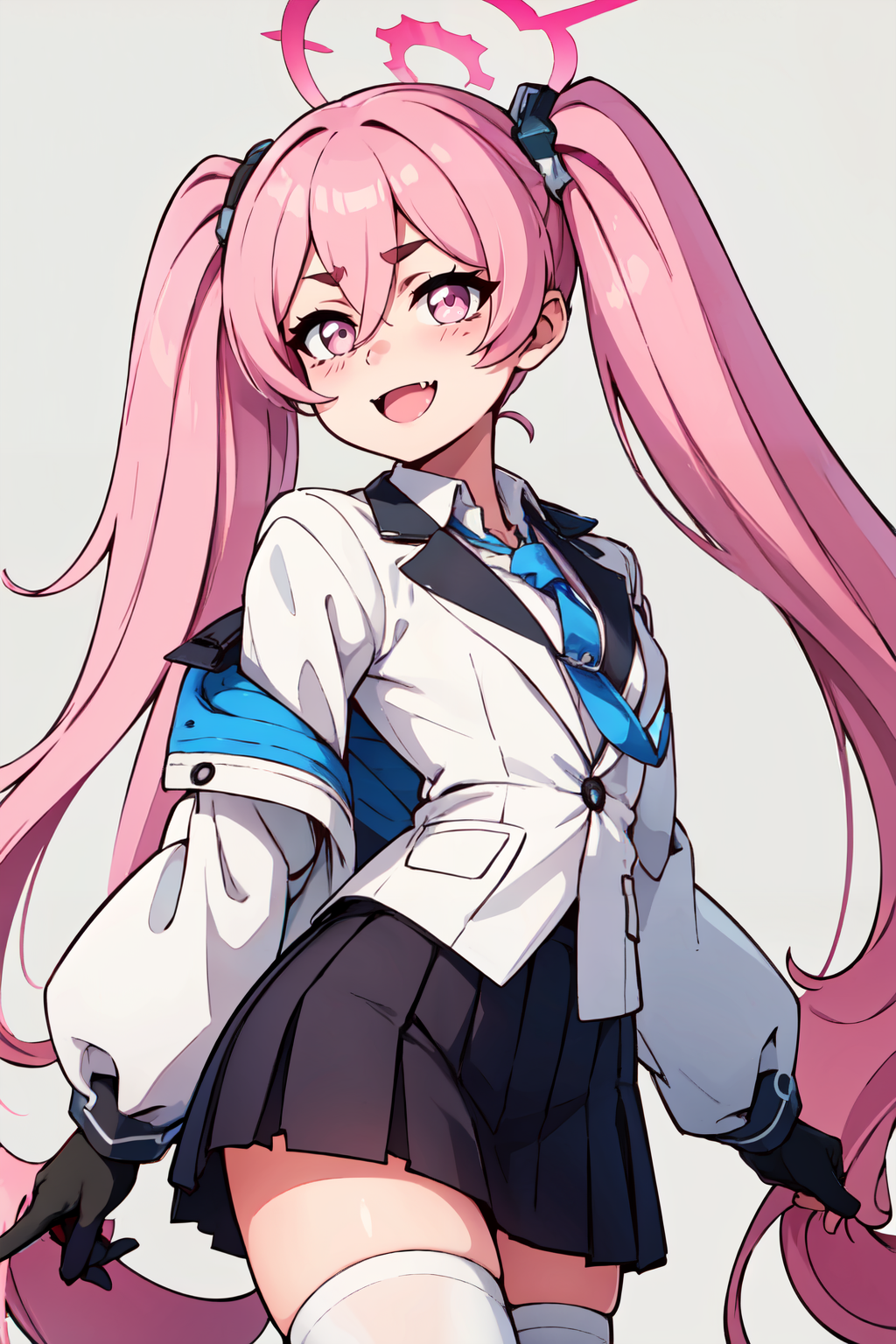 ((masterpiece,best quality)), absurdres,  BREAK, , <lora:Koyuki_BlueArchive_Citron:0.8>, zzKoyuki, pink_hair, long_hair, halo, twintails, hair_between_eyes, pink_eyes, fang, very_long_hair, pink_halo 1girl, black_skirt, blue_necktie, collared_shirt, long_sleeves, looking_at_viewer, pleated_skirt, solo, white_jacket, white_shirt, open_mouth, smile, white_thighhighs, black_gloves, simple_background, blush_stickers, id_card, white_background, open_jacket , BREAK, side view, hip to the side, contrapposto,, BREAK, solo, smile, looking at viewer, cowboy shot,