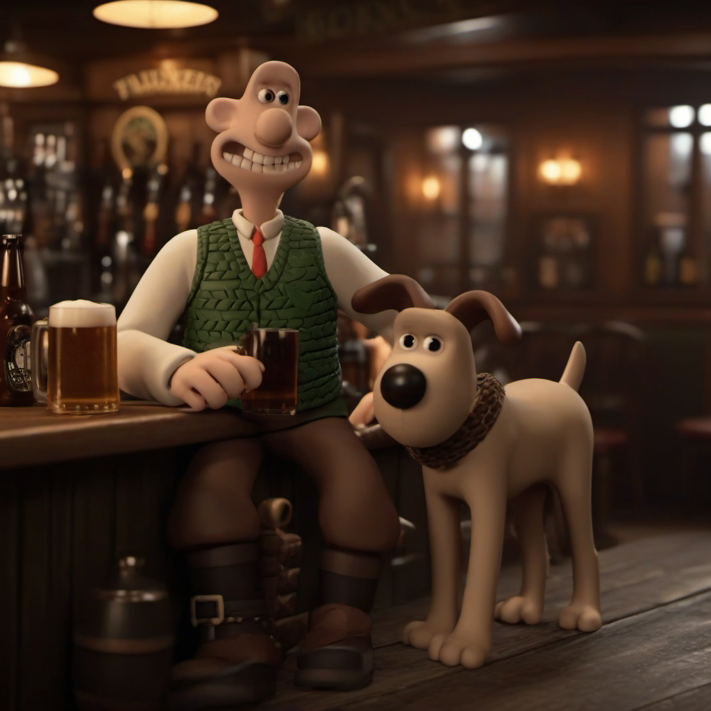 cinematic photo cinematic photo 1boy, bald, solo,  whool vest,  teeth, having a beer with a dog in a pub <lora:WallaceGromit1024:0.8> . 35mm photograph, film, bokeh, professional, 4k, highly detailed . 35mm photograph, film, bokeh, professional, 4k, highly detailed
