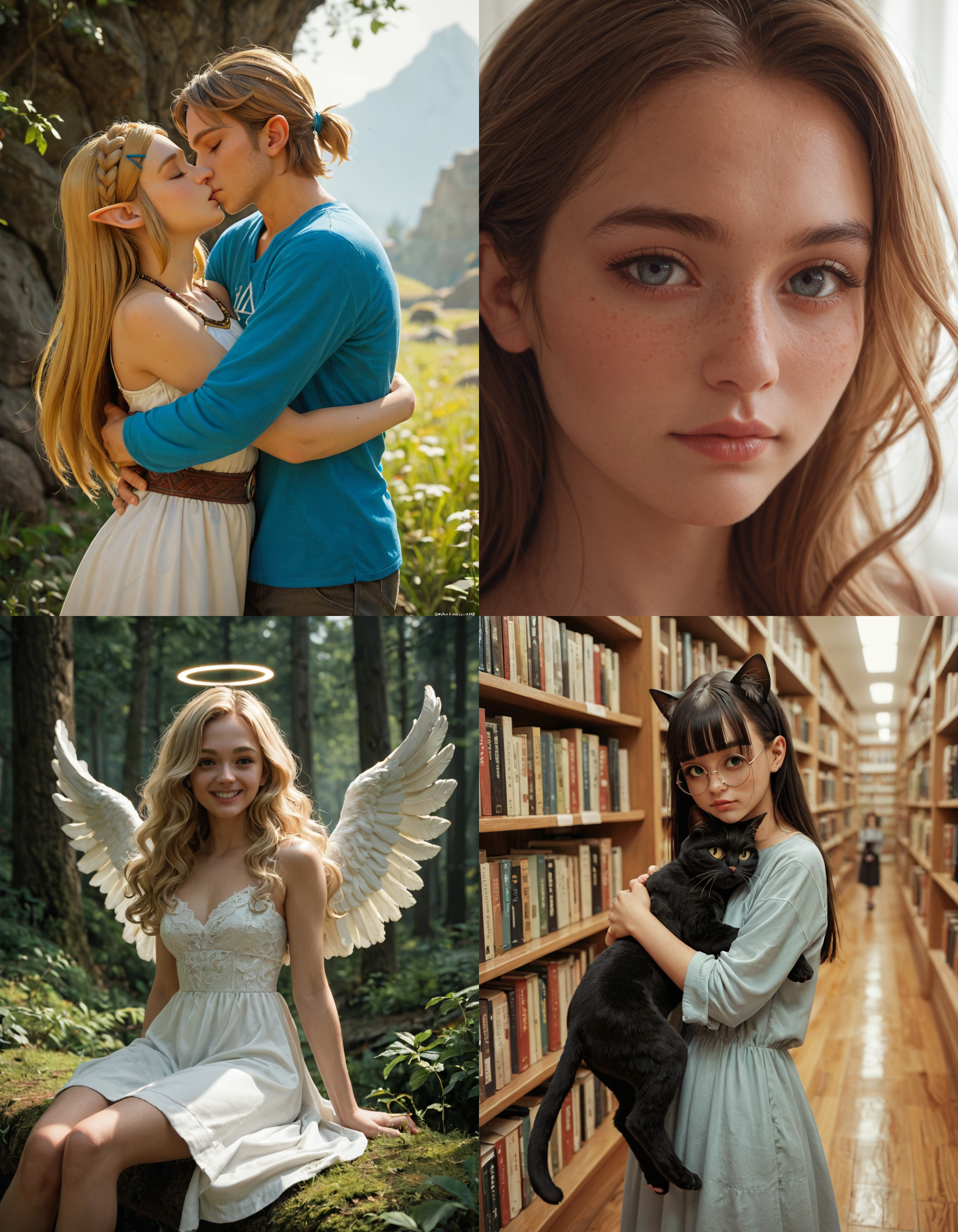 https://civitai.com/articles/5300 __ 1st image: score_9, score_8_up, score_7_up, 1girl, 1boy, Princess_Zelda, \(The_Legend_of_Zelda:_Breath_of_the_Wild\), standing, kiss, hug, closed_eyes __ 2nd image: score_9, score_8_up, score_7_up, 1girl, lovely face, portrait, close-up, looking_at_viewer, closed_mouth __ 3rd image: score_9, score_8_up, score_7_up, 1girl, solo, blonde_hair, wavy_hair, angel, angel_wings, halo, smile, sitting, forest, white_dress __ 4th Image: score_9, score_8_up, score_7_up, 1girl, solo, long_hair, black_hair, blunt_bangs, straight_hair, round_eyewear, cat_girl, cat_ears, cat_tail, standing, hug cat, looking_at_viewer, library
