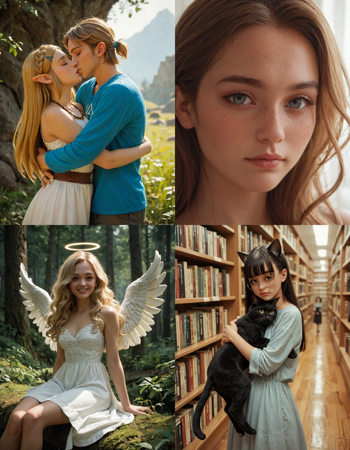 https://civitai.com/articles/5300 __ 1st image: score_9, score_8_up, score_7_up, 1girl, 1boy, Princess_Zelda, \(The_Legend_of_Zelda:_Breath_of_the_Wild\), standing, kiss, hug, closed_eyes __ 2nd image: score_9, score_8_up, score_7_up, 1girl, lovely face, portrait, close-up, looking_at_viewer, closed_mouth __ 3rd image: score_9, score_8_up, score_7_up, 1girl, solo, blonde_hair, wavy_hair, angel, angel_wings, halo, smile, sitting, forest, white_dress __ 4th Image: score_9, score_8_up, score_7_up, 1girl, solo, long_hair, black_hair, blunt_bangs, straight_hair, round_eyewear, cat_girl, cat_ears, cat_tail, standing, hug cat, looking_at_viewer, library