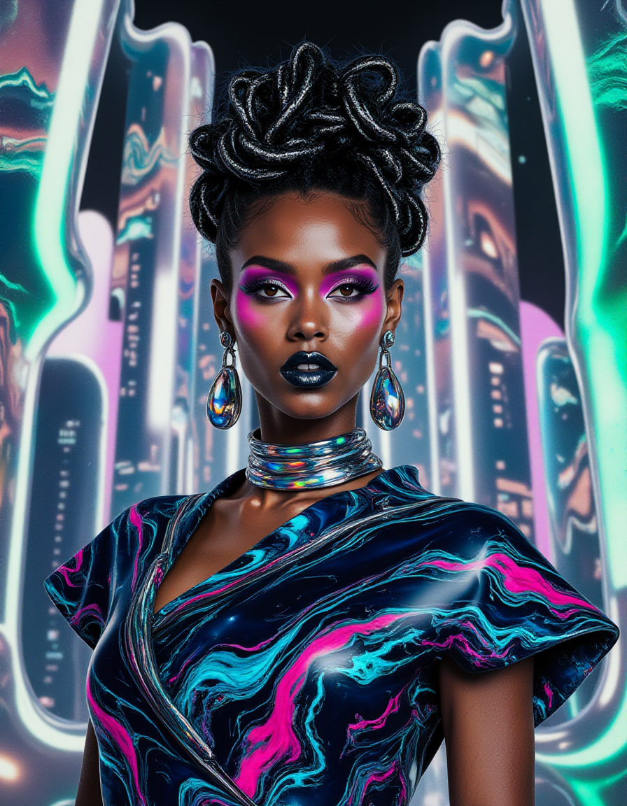 In a futuristic metropolis made of glowing liquid marble skyscrapers, a model stands in a bold, avant-garde outfit. Her structured dress features sharp angles and flowing textures, crafted from shimmering marble-like material in wavy patterns of cobalt blue, neon pink, and emerald green. Her hair is styled in an intricate, braided crown with metallic threads woven throughout, glinting in the vibrant city lights. She wears a sleek choker made of glowing holographic marble, with matching earrings that cascade in liquid shapes. Her makeup is dramatic, with sharp graphic eyeliner, luminous purple blush, and glossy black lips with a subtle iridescent finish.
<lora:ral-lqdmrbls-flux_000004000:1>