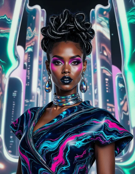 In a futuristic metropolis made of glowing liquid marble skyscrapers, a model stands in a bold, avant-garde outfit. Her structured dress features sharp angles and flowing textures, crafted from shimmering marble-like material in wavy patterns of cobalt blue, neon pink, and emerald green. Her hair is styled in an intricate, braided crown with metallic threads woven throughout, glinting in the vibrant city lights. She wears a sleek choker made of glowing holographic marble, with matching earrings that cascade in liquid shapes. Her makeup is dramatic, with sharp graphic eyeliner, luminous purple blush, and glossy black lips with a subtle iridescent finish.
<lora:ral-lqdmrbls-flux_000004000:1>