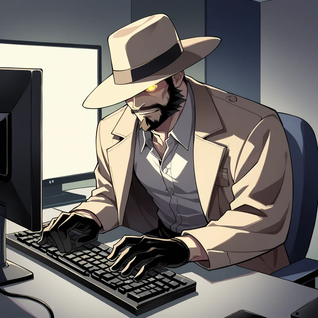 score_9, score_8_up, score_7_up, score_6_up, score_5_up, score_4_up, zPDXL2,source_anime,rating_questionable, 1boy,  solo, <lora:Typing:0.7> typ1ng, sitting, keyboard (computer), monitor, indoors, fedora, trench coat, neck beard, glowing eyes, finger less gloves