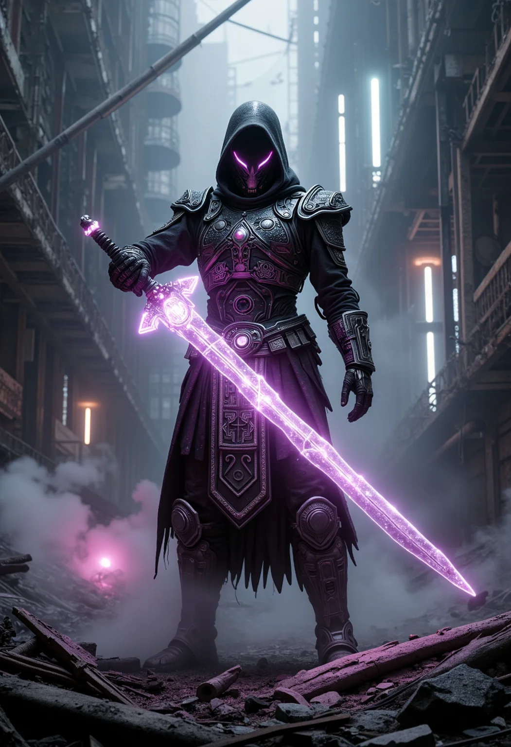 A Mech Warrior standing amidst the ruins of a power plant, wielding an ethereal weapon: a glowing, translucent inka-zen sword made of glass and platinum. The glass sword glows with an eerie light, cutting through the darkness of the plant like a ray of hope. The sword’s design fuses ancient Incan symbols with Zen Buddhist motifs, suggesting a powerful spiritual weapon. The mech warrior’s armor is a mix of futuristic tech and traditional indigenous clothing, with glowing energy signatures that pulse slowly, hinting at the power within. The background is a chaotic blend of neon lights, steam generators, and crumbling infrastructure, giving a surreal twist to a gritty industrial setting. Use a grayscale palette with accents of vibrant neons and pastels to emphasize the stark contrast between the old and new. <lora:Dever_Flux_Enhancer> <lora:ck-Chernobyl-Exclusion-Zone-000016>