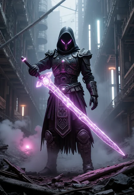 A Mech Warrior standing amidst the ruins of a power plant, wielding an ethereal weapon: a glowing, translucent inka-zen sword made of glass and platinum. The glass sword glows with an eerie light, cutting through the darkness of the plant like a ray of hope. The sword’s design fuses ancient Incan symbols with Zen Buddhist motifs, suggesting a powerful spiritual weapon. The mech warrior’s armor is a mix of futuristic tech and traditional indigenous clothing, with glowing energy signatures that pulse slowly, hinting at the power within. The background is a chaotic blend of neon lights, steam generators, and crumbling infrastructure, giving a surreal twist to a gritty industrial setting. Use a grayscale palette with accents of vibrant neons and pastels to emphasize the stark contrast between the old and new. <lora:Dever_Flux_Enhancer> <lora:ck-Chernobyl-Exclusion-Zone-000016>