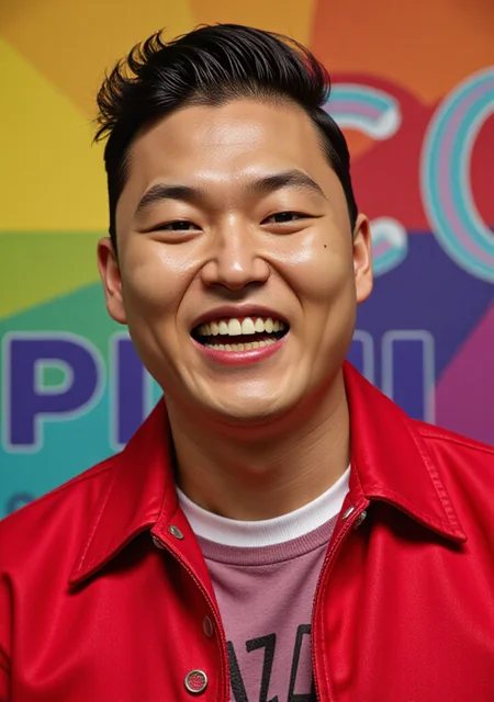 a man in a red jacket with a big smile on his face, standing in front of a colorful background.