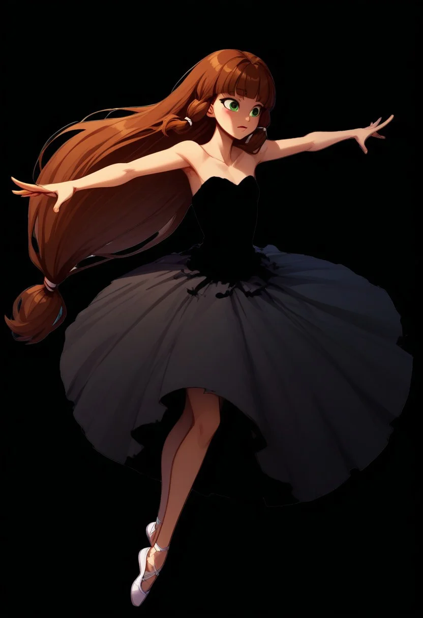 Blend_in, black background, score_9, score_8_up, score_7_up, masterpiece, best quality, absurdres, highly detailed, (high contrast, sidelightning), full body, (from above:0.6),
BREAK
1girl, solo, imtdlilaross, long hair, low-tied long hair, green eyes, blunt bangs, brown hair, hair tubes, corseted ballerina attire, bell tutu, strapless dress, pitch black clothes, (white ballerina pointes), arabesque, stage performance, outstretched arms