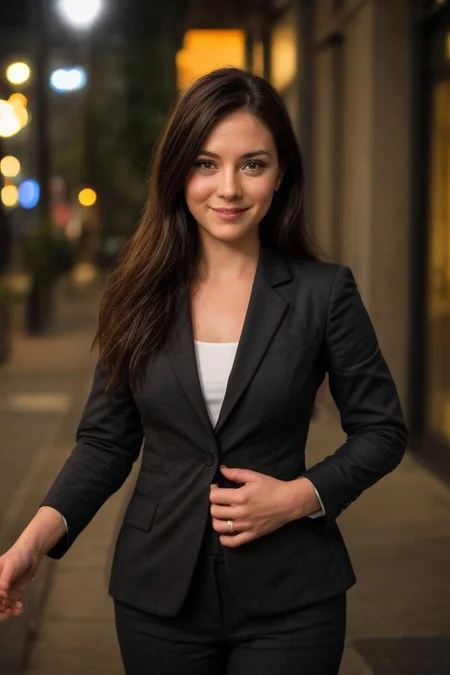 30yo American woman wearing bussiness suit holding a cigarrete
Dark black smooth long hair ponytail. smiling.
Looking at camera.
Dynamic varying pose.
Outside bussiness. Night time,
Night time, dark.