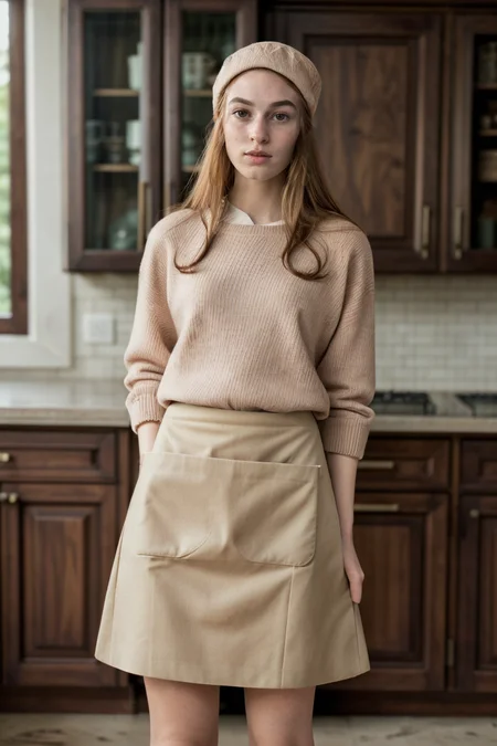 <lora:LCM_LoRA_Weights_SD15:1>,<lora:detail_slider_v4:1.2>,(radiant baker) 23year old adult (Women:1.3), cameltoe:1.3, Extremely muscular body build, long ginger Hairs, wavy down haircut, , african, mahogany skin, wearing a baker hat, tan sweater, apron, skirt, clogs, holding a bread loaf, set in a luxurious kitchen, with high-end appliances, elegant decor, rich fabrics, sophisticated style,(full body:1.3),(full shot:1.3),(wide shot:1.3),(full body portrait:1.3),from below:1.1,minimalist photography, simplicity in composition, clean lines, uncluttered visuals, negative space, focusing on essential elements, conveying tranquility, understated beauty, elegant aesthetics, subtle storytelling, capturing the essence of minimalism,