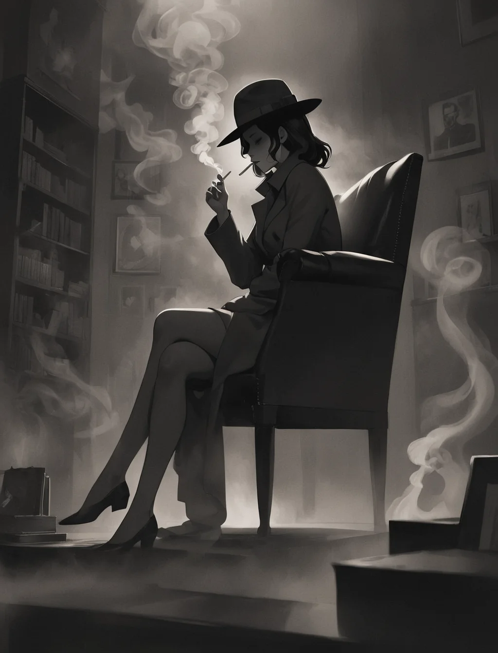 <lora:SDXL_neg4all xl v9.1:1>, ((style of Frank Miller:Bastien Lecouffe-Deharme)), ((abstract)), surreal, a moody monochtrome illustration of a faceless woman in coat and fedora sitting in smoke filled detective bureau, crossed legs, l;ong cigarette, orange cigarette glow, (dark face), professional illustration