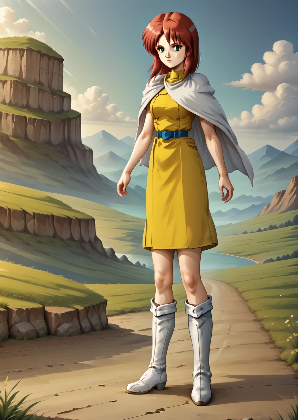 amy sage, solo, outdoors, standing, full body, white boots, yellow dress, white cape <lora:Amy_Sage-000002:1>