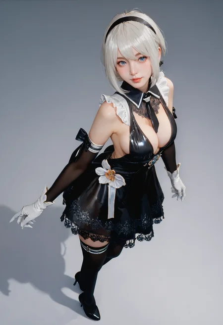 score_9, score_8_up, score_7_up, score_6_up, score_5_up, score_4_up, source_anime, BREAK
masterpiece, perfect face, perfect eyes, 1girl, yorha2, detached sleeves, thighhighs, white hair, large breasts,white gloves, Balancing with one foot raised behind , ,
lip gloss, blue eyes, looking at viewer, ((solo)), standing, sexy pose, flirty, seductive, skindentation, seductive expression, ((view from behind)), ((view from above)), (white background:1.3), (overexposure:1.1),
<lora:YoRHa type 2V3:0.8>