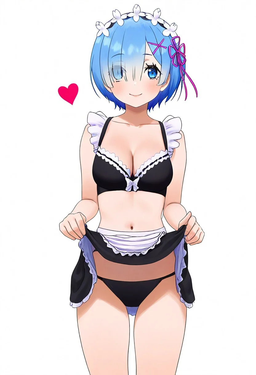 perfect quality, absolutely eye-catching, best quality, very aesthetic, absurdres,carlom, 1girl, solo, breasts, looking at viewer, smile, short hair, bangs, blue eyes, skirt, simple background, hair ornament, white background, navel, cleavage, bare shoulders, medium breasts, closed mouth, underwear, blue hair, collarbone, panties, swimsuit, heart, bikini, cowboy shot, frills, alternate costume, miniskirt, black skirt, clothes lift, bra, hair over one eye, apron, maid, maid headdress, black panties, bare arms, black bikini, skirt lift, eyes visible through hair, x hair ornament, lifted by self, black bra, waist apron, white apron, maid bikini, rem (re:zero)