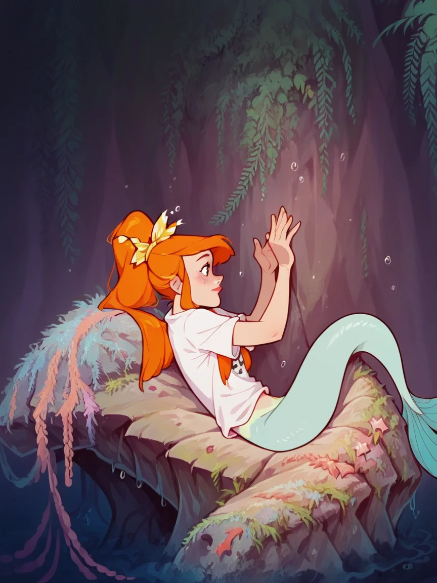 score_9, score_8_up, score_7_up, score_6_up, score_5_up, <lora:ppm3r41dsXLP:1> ppm3r41ds, mermaid, 1girl, solo, orange hair, long hair, ponytail, t-shirt,