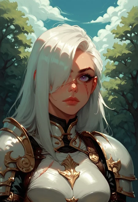 1girl, armor, scar, solo, scar on face, white hair, long hair, hair over one eye, looking at viewer, purple eyes eyes, outdoors, upper body, breastplate, medium breasts, shoulder armor, tree, makeup, lip gloss, day, scar across eye, sky, , cloud, , shoulder plates, pauldrons, breasts, nature, eyelashes, scar on nose, scar on cheek, closed mouth, forest, blue sky, one eye covered
, <lora:Ri-MIX_A_Illustriousv2-000009:1> rimixa,, looking at viewer,, , score_9, score_8_up, score_8_up,