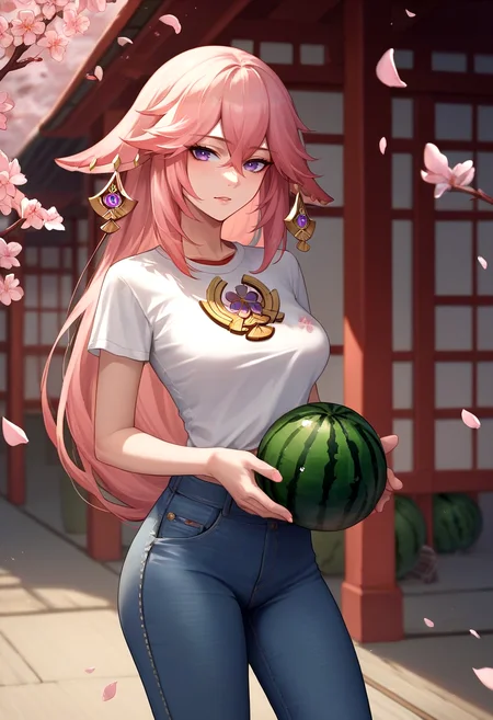 score_9, score_8_up, score_7_up, source_anime, 1girl, cherry blossoms, shirt, watermelon, watermelon print, jeans, yae miko,