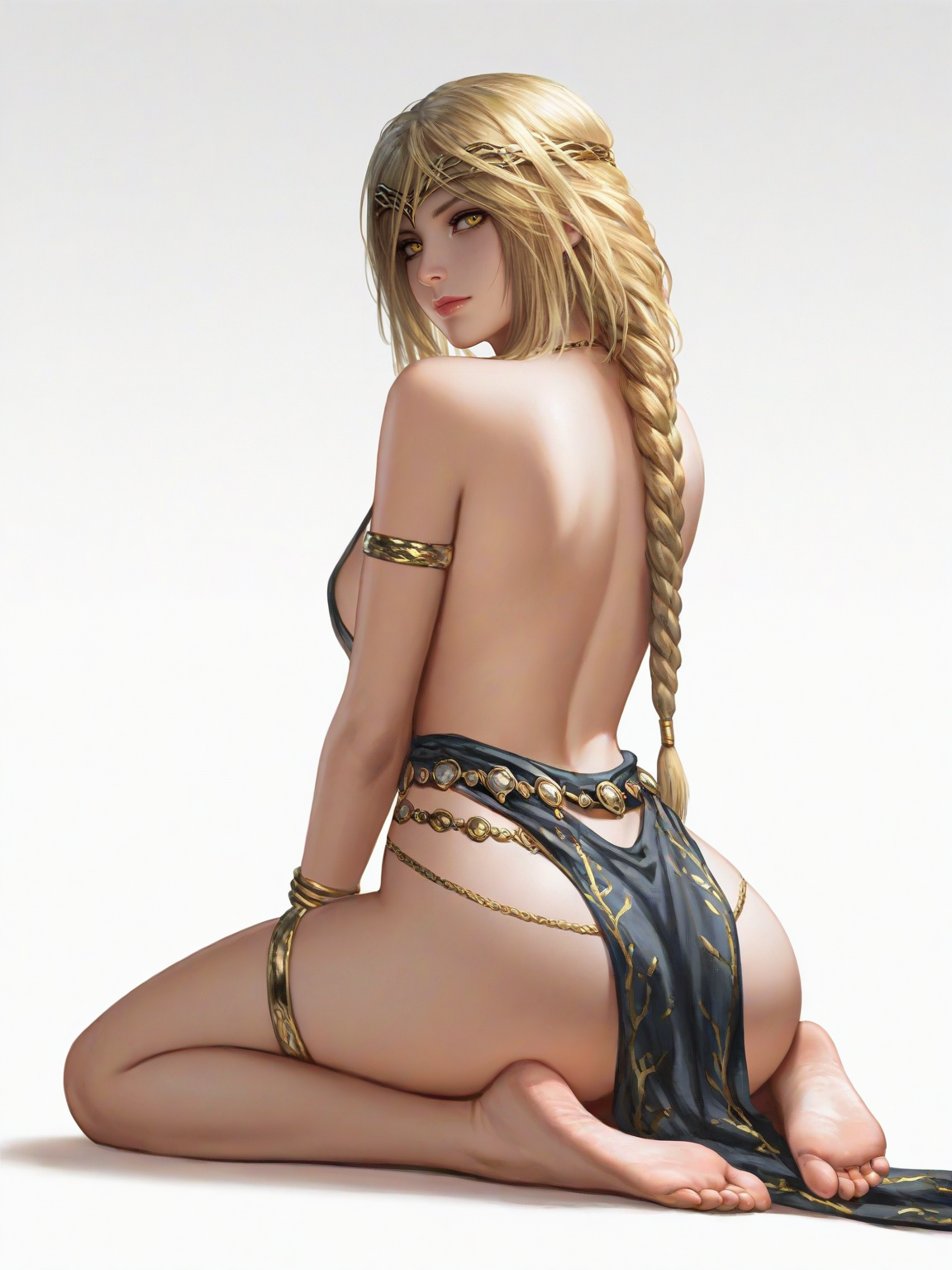<lora:ER_Marika-IL:0.8> 1girl, solo, ermarika, blonde hair, circlet, armlet, bracelets, yellow eyes, braided ponytail, revealing clothes, sitting, barefoot, back to viewer, looking back, soles, white background, masterpiece, best quality, detailed, highres, newest, recent, very as2, very awa