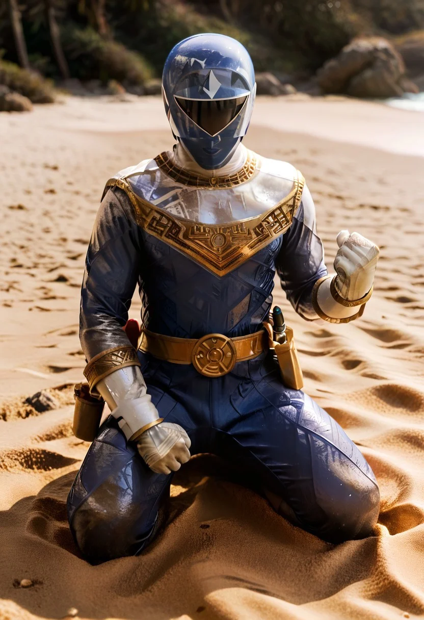 score_9, score_8_up, score_7_up , masterpiece, beautiful, 1 male, solo, crouching, warm light style,
Bluezeoranger, Tight suit,shiny gold elements, gold belt, vibrant color, golden wrist guards, white boots,blue colored suit,Holster,white gloves,
helmet,blue helmet,black triangle shape visor on helmet, glossy finish, beach, knee bend, fist on the ground, sand, sand on body, dirty suit, wet suit,