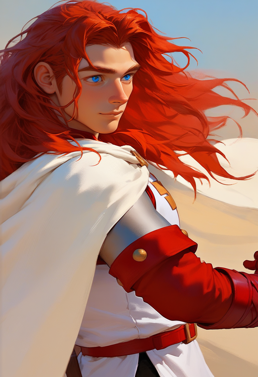 embedding:Pony\Positive\zPDXL3, score_9, score_8_up, score_7_up, 1boy, argai, red hair, long hair, blue eyes, muscular male, male focus, solo, gloves, red pauldrons, red gauntlets, armor, belt, emblem, white tunic, red greaves, dynamic angle, white cape, wind-blown hair, wind-blown cape, from side.