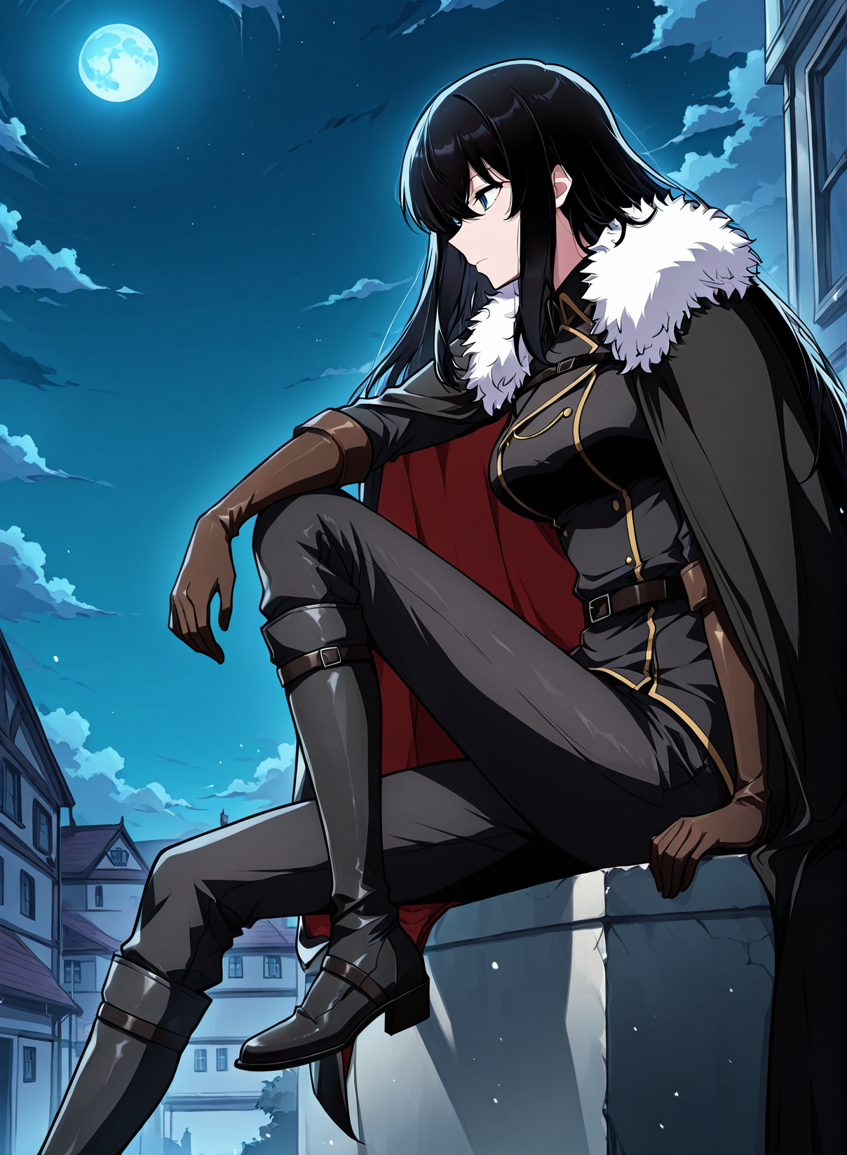 <lora:Karina_Dragonia__The_Knight_King_Who_Returned_with_a_God__Illustrious:1>
1 girl, solo, blue eyes, long hair, black hair, loose hair, hair between the eyes, bangs, sidelocks,
black jacket, black uniform, black gloves, uniform, black cape, black shoes, black pants, jacket, elbow gloves, belt, brown gloves, fur-trimmed cape, high boot
score_9, score_8_up, score_7_up, score_6_up, source_anime, masterpiece, best quality, absurdres, highres, newest, anime coloring <break>  1girl, solo, sitting, on wall, from side, town, night sky, cloud, night, blue moon