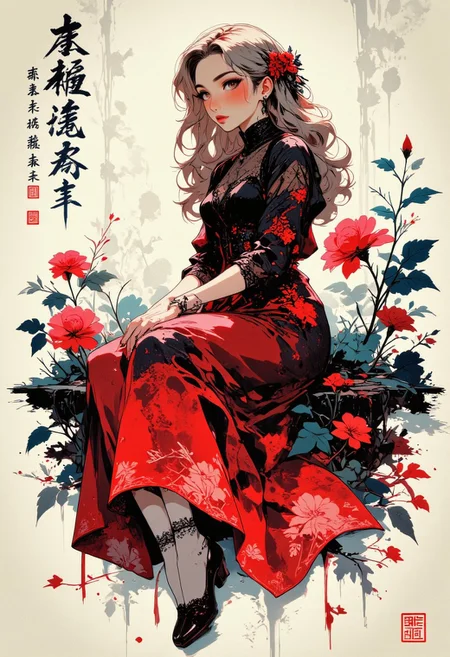 Poetic sumi-e depicting A full body of beautiful oriental girl with delicate features, wearing an elegant, Sweet Victorian-inspired dress adorned with intricate lace, ribbons, and floral patterns, she is cascading across washi paper, embodying the concept of mono no aware. The traditional ink wash technique creates a gradient from deep black to crimson red. Her long, silky hair is styled in soft waves, with gentle curls at the ends and a few strands framing her face, adding to her graceful appearance. She wears dainty lace-trimmed socks and elegant, rounded-toe shoes with delicate bows, completing the outfit with charm. Her expression is serene yet captivating, with large, expressive eyes. The background is softly blurred, creating a dreamy atmosphere, and the lighting casts a gentle glow on her face, emphasizing the details of her dress, hair, and shoes. She is sitting elegantly on the ground. Perfect hands, perfect feet. The scattered dress elements embrace deliberate imperfections, celebrating wabi-sabi principles—some defined by a single masterful brushstroke, others shaped through a textured dry-brush technique. Subtle indigo undertones suggest twilight dissolving into evening, encapsulating the melancholic beauty of nature’s shifting moments through the profound lens of yugen. Minimal red seal marks showed at the lower corner, balanced by calligraphic kanji suggesting the old painting poster. SIMPLE BACKGROUND