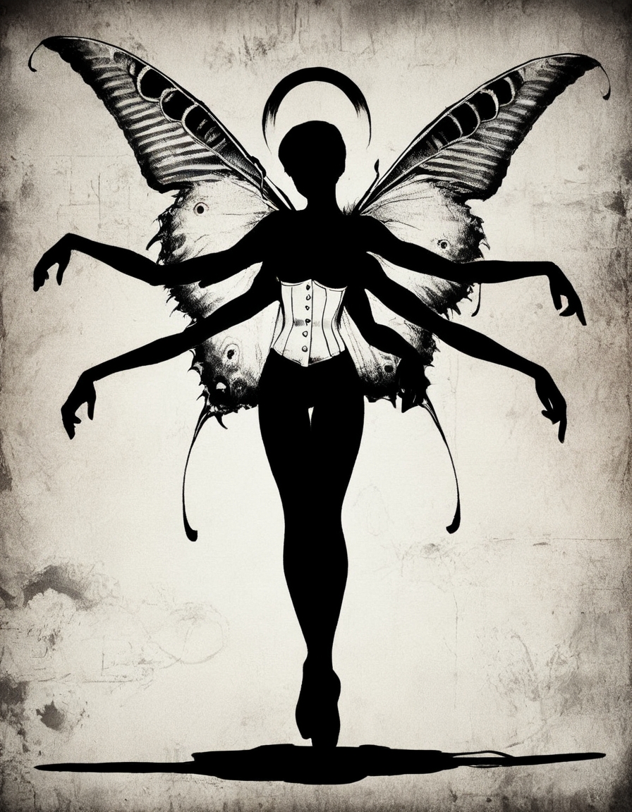 <lora:Xmutsix:1>,x1mtxsx,monochrome, 1girl, levitation_pose, multiple_arms_illusion, ink_splash_halo, ribcage_xray_effect, Victorian_corset_deconstruction, shadow_tendrils, moth_wings_texture