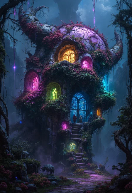 An abandoned Castle shaped like a Giant skull, with tower like ears overgrown with vines, completely covered in hanging vines, each thread tips illuminated like fiber optic wires, glowing colorful flowers, surreal, vibrant glow