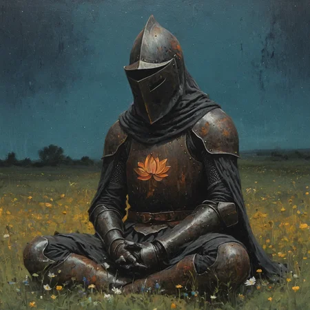 dark fantasy art style, A close-up portrait painting of mystical scene of a black hooded knight in rusted full armor and helmet sitting in a lotus position in a field of night wildflowers, grainy, painterly texture