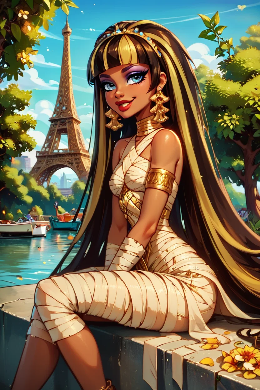 score_9, score_8_up, score_8, medium breasts, (curvy), cute, eyelashes, BREAK, , zzCleo, long hair, multicolored hair, dark skin, blunt bangs, bangs, two-tone hair, black hair, blonde hair, streaked hair, eyeliner, very long hair, brown hair, makeup, lipstick, bandages, mummy costume, jewelry, earrings, eyeshadow, dress, armlet, red lips, <lora:Cleo_MH_PDXL:0.8>, , BREAK, zzEiffelTower in background, sitting, watercraft, boat, sitting on wall, side view, looking at viewer, smile, ,,, BREAK, blooming stars, luminescent petals, otherworldly fragrance blurry background, ,,, embedding:zPDXL, Expressiveh, ,,, <lora:EiffelTowerPDXL:0.8>, <lora:CatalystStylePDXL:0.6>, <lora:SDXLFaeTastic2400:0.5>, <lora:Expressive_H-000001:0.4>,