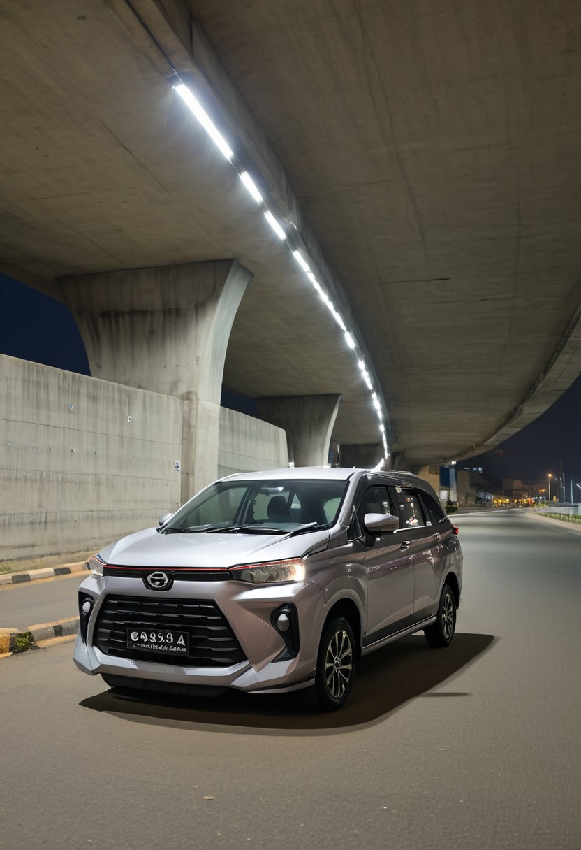 high resolution, best quality, Car, Daihatsu Xenia, City outskirts, underpass, dim lights,