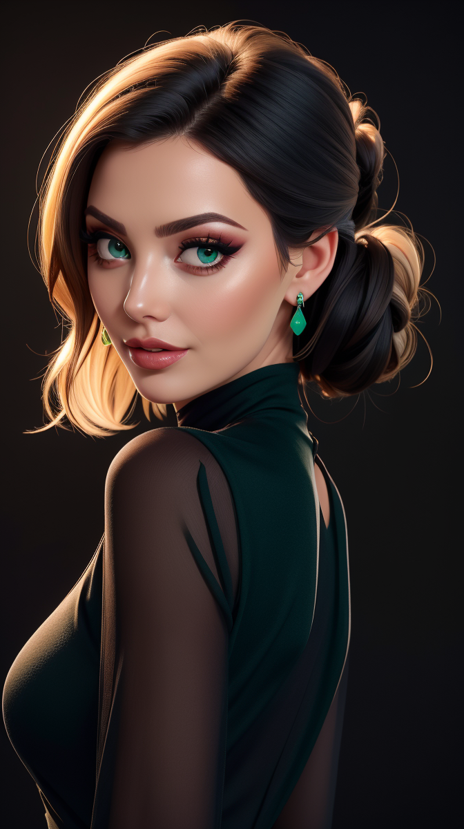 <lora:Adeline_Dupont:1> black updo hair, green eyes, mature, full lips, elegant dress, black background, high quality photography