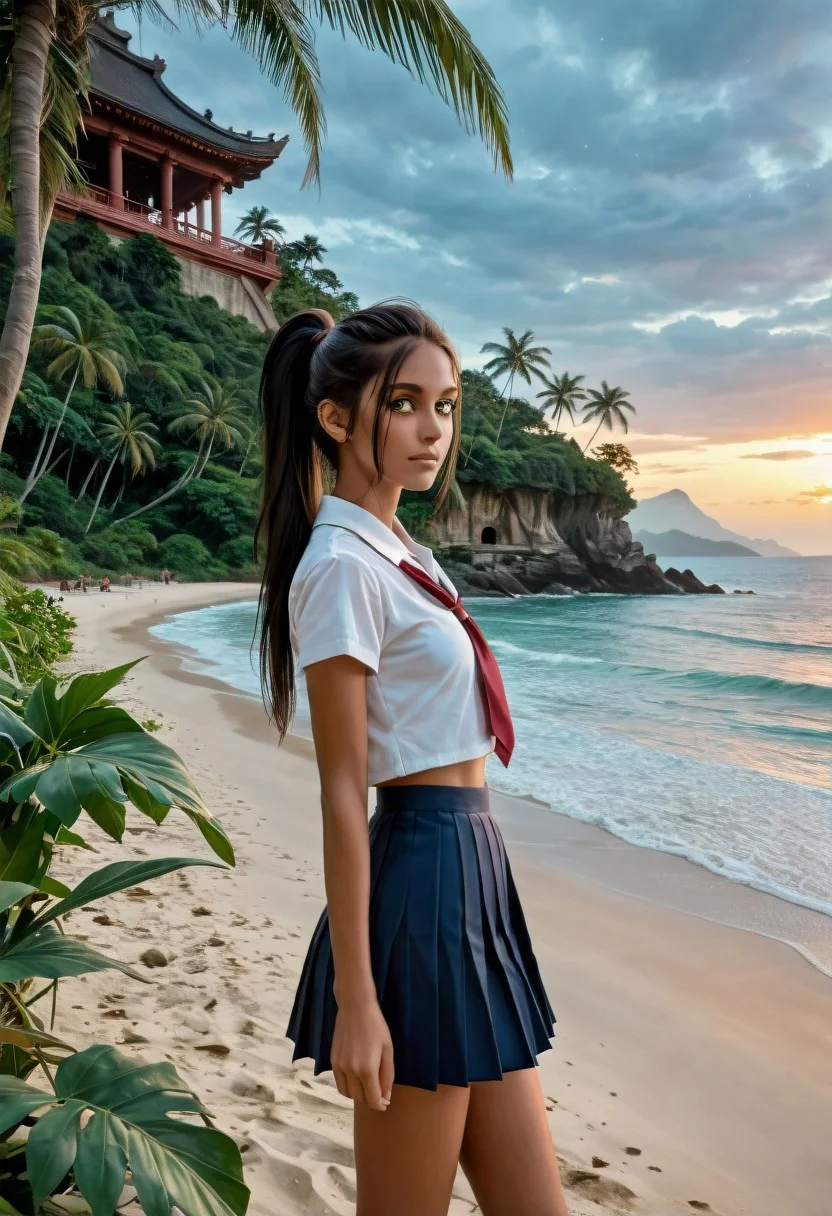 1girl, Masterpiece, 8k, ultra high detail, score_9, score_8_up, score_8, medium breast size, sporty long deepblack ponytail hair, fcNeg, stunning green eyes, native american skin, tan skin, small nose, innocent beauty, cute face, very athletic body, perfect Sporty body, extreme detailed body, perfect face, ultra high detailed face, perfect eyes,
Sideview,
Dynamic composition,
Seifuku, japanese schooluniform, katana, actionscene,
Dark night full of stars,
beach, tropical, tropical beach, Island, waves,
Old temple, on old templewall, templewall, half sunken temple, through the jungle, shove a big leaf away,