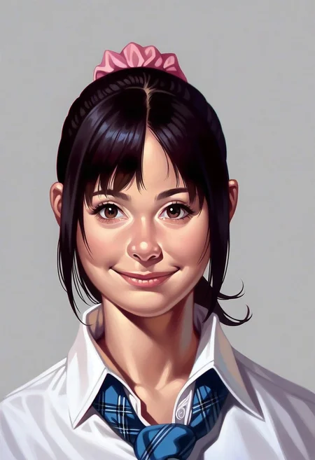 score_9,score_8_up,score_7_up,<lora:MiiyamotoHikari:0.8>,
miiyamotohikari,
photorealism,realistic,highres,
1girl, solo, black hair, ponytail, bangs, pink scrunchie, brown eyes, looking at viewer, smile, white collar shirt, blue plaid necktie, portrait
white background,