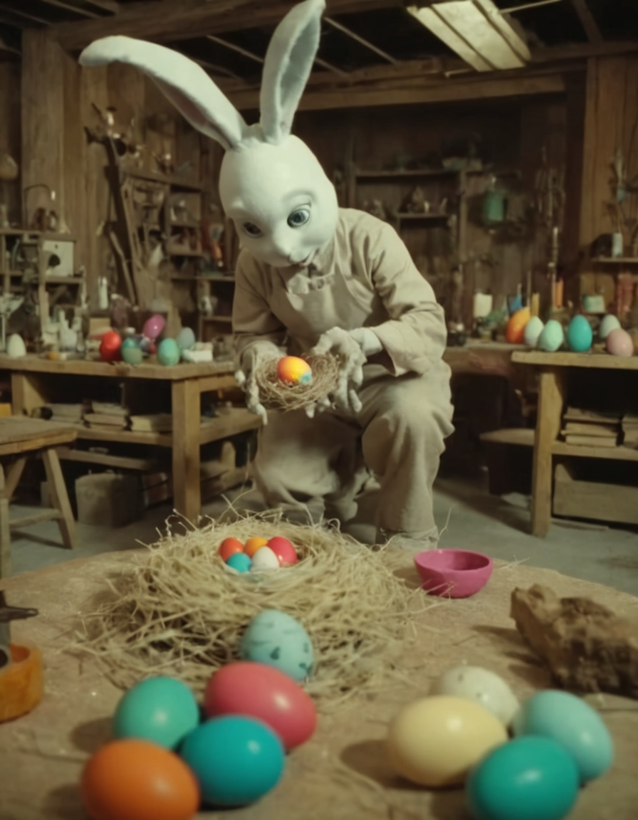 Masterpiece (wide angle shot) , Easterbunny crafting an incantation, (creating a little colorful magic egg in a nest:1.6), standing on an old carved table in a colorful factory laboratory. fantastic view. creepy and unsettling kids tv show  <lora:UNSTL_KIDS_TV_v2:1>