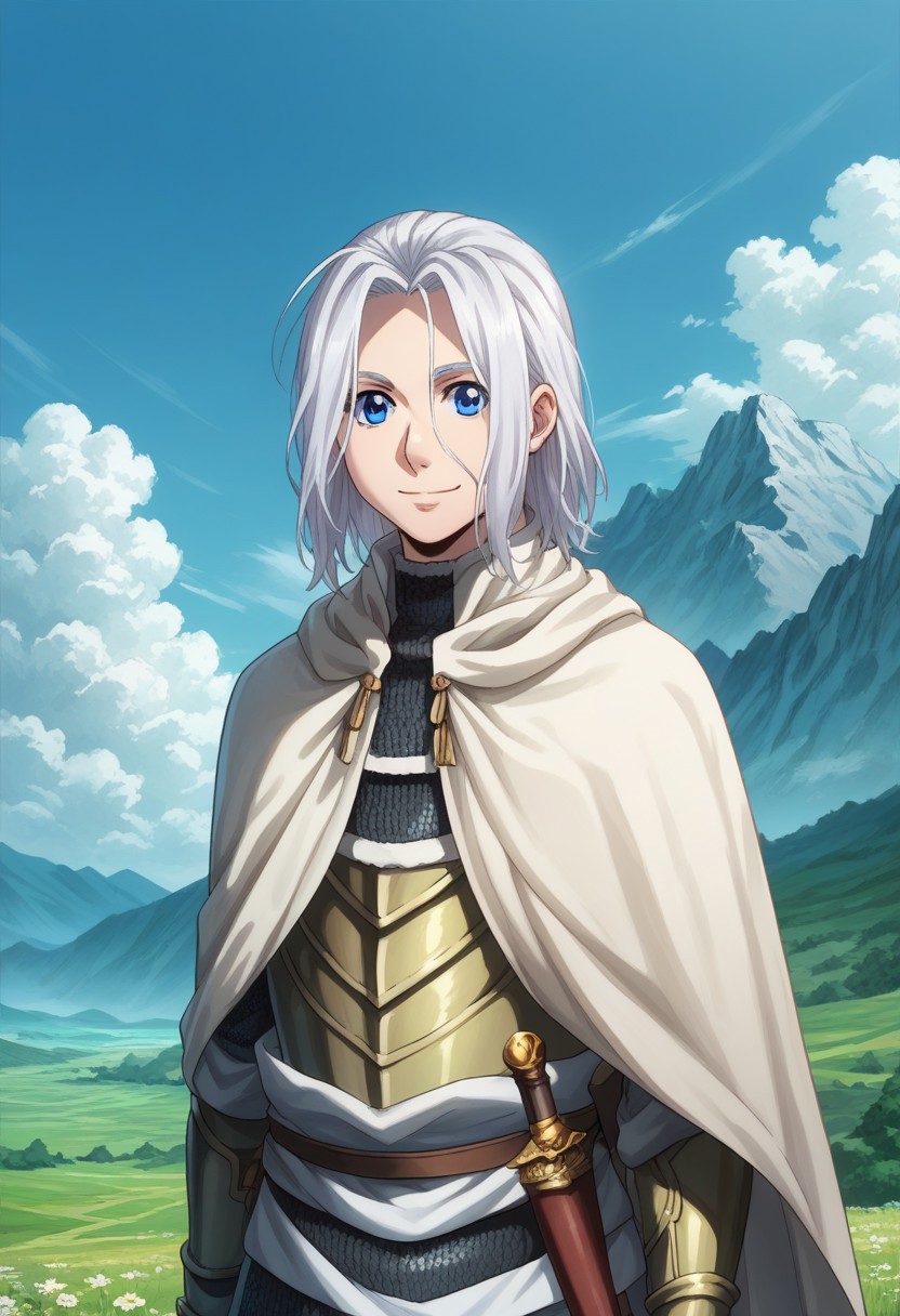 score_9, score_8_up, score_7_up, source_anime, highly detailed, 
arslan, 1boy, male focus, solo, armor, blue eyes, cape, chainmail, 
standing, looking at viewer, white hair, upper body, smile
outdoor, mountains, sky, clouds, wind,