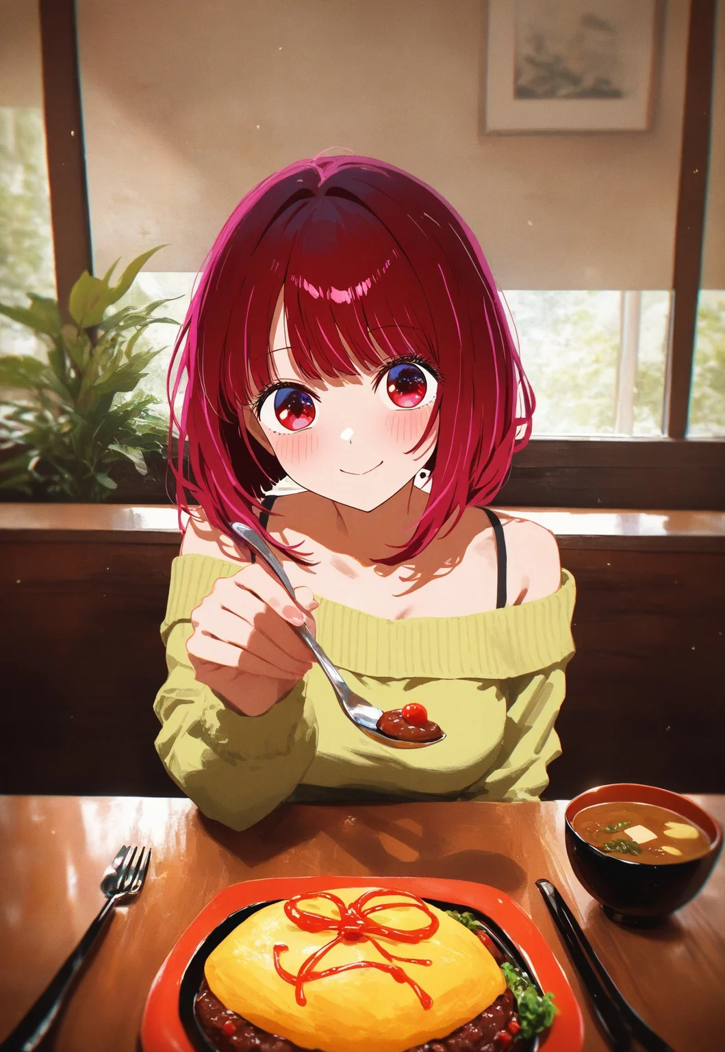 safe_pos, 1girl, arima kana, oshi no ko, solo, looking at viewer, facing viewer, incoming food, blush, smile, table, spoon, holding spoon, film grain, food, fork, green sweater, hamburger steak, medium hair, off shoulder, off-shoulder sweater, omelet, red eyes, red hair, restaurant, sweater, table, hand up, medium breasts, yellow sweater, wooden table, indoors, light blush, light rays, miso soup, plant, pov, sunlight, table, portrait, pov across table, sitting, table, depth of field, chromatic aberration, faux traditional media, painterly, impressionism, photo background, masterpiece, high score, great score, absurdres