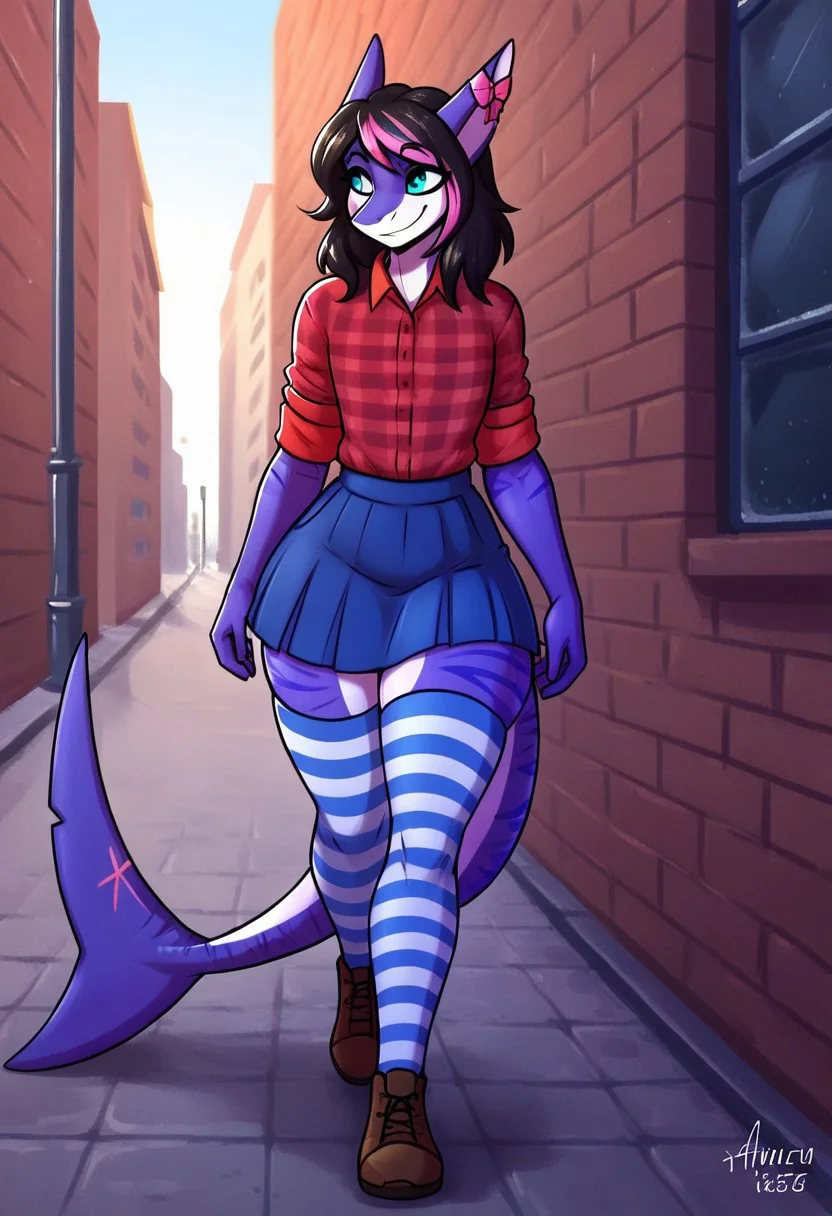 score_8_up, score_7_up, score_6_up, score_5_up, score_4_up,1boy,femboy, anthro shark,medium hair, multicolored hair, dark hair, pink hair,bow, stripes on body, turquoise eyes, big ass, BREAK, red plaid shirt, blue skirt, blue striped stockings, walking down the street, smiling, sunny day, city background,