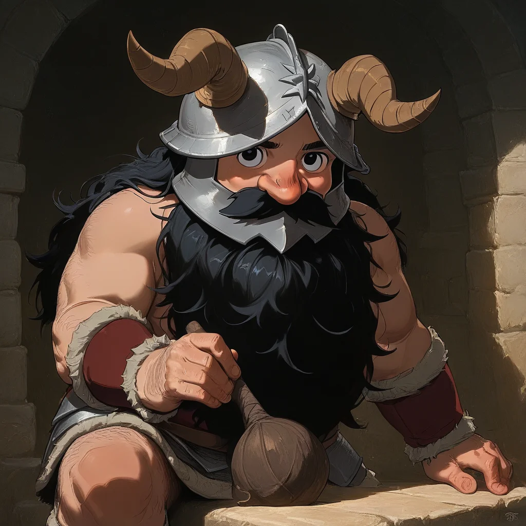 masterpiece, best quality, newest, absurdres, highres, DFCAV1.0, 1boy, Senshi \(dungeon_meshi\), dwarf, helmet, horns, horned helmet, fake horns, beard, black eyes, black hair,