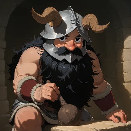 masterpiece, best quality, newest, absurdres, highres, DFCAV1.0, 1boy, Senshi \(dungeon_meshi\), dwarf, helmet, horns, horned helmet, fake horns, beard, black eyes, black hair,