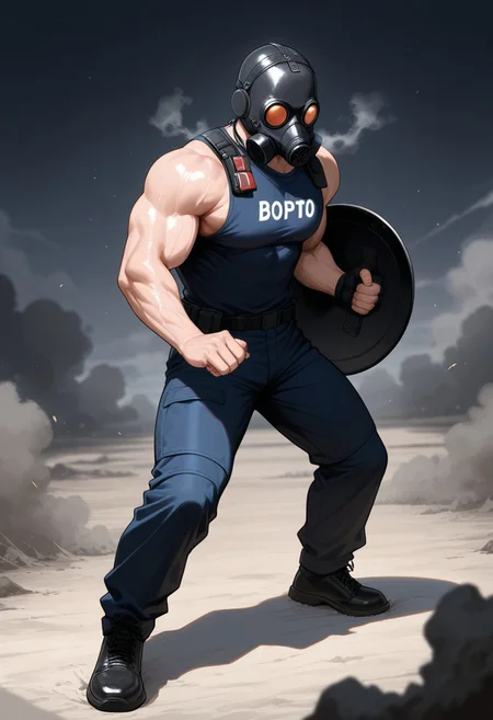 masterpiece, best quality, amazing quality, very aesthetic, absurdres, newest, detailed background, Muscular man, solo, 1boy, Colombian flag, sleeveless shirt, very muscular body, gas mask, shield with the Colombian flag, in protests, riots, fighting stance.