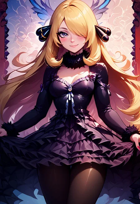 score_9, score_8_up, score_8, medium breasts, (curvy), cute, eyelashes,
BREAK,
zzCynthia, solo, 1girl, blonde, long hair, black coat, black pants,
BREAK,
closed mouth, alternate costume, smile, nail polish, looking at viewer, hand up, blush,
zzLFashion, frilled dress, frills, bow, dress, pantyhose,
zPDXL,
