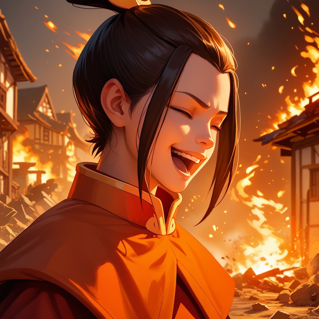 score_9, score_8_up, score_7_up, score_6_up, score_5_up, score_4_up, rating_safe, 1girl, AzulaFire, surrounded by fire, laughing, burning village, rubble