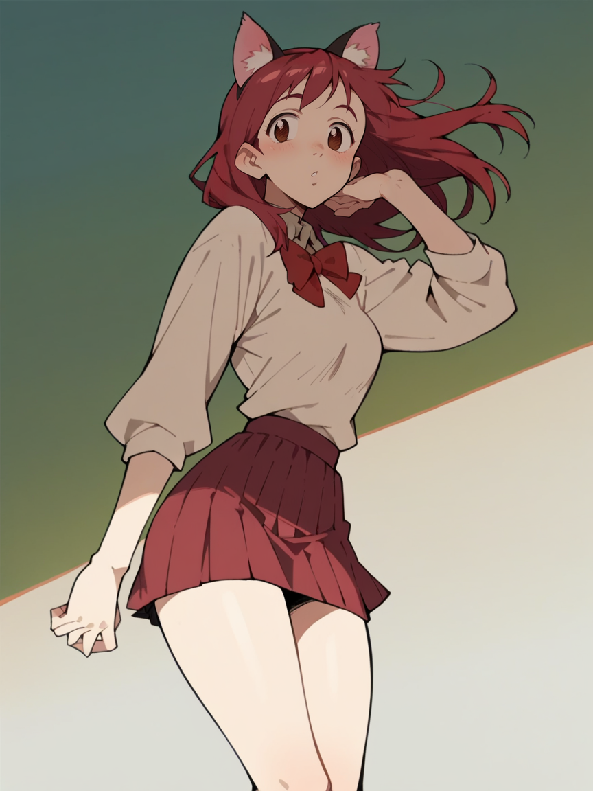 score_9, score_8_up, score_7_up, score_6_up, score_5_up,  <lora:FLCLXLP:1> flcl, brown eyes, red hair, 1girl,  cat ears, skirt, curvy