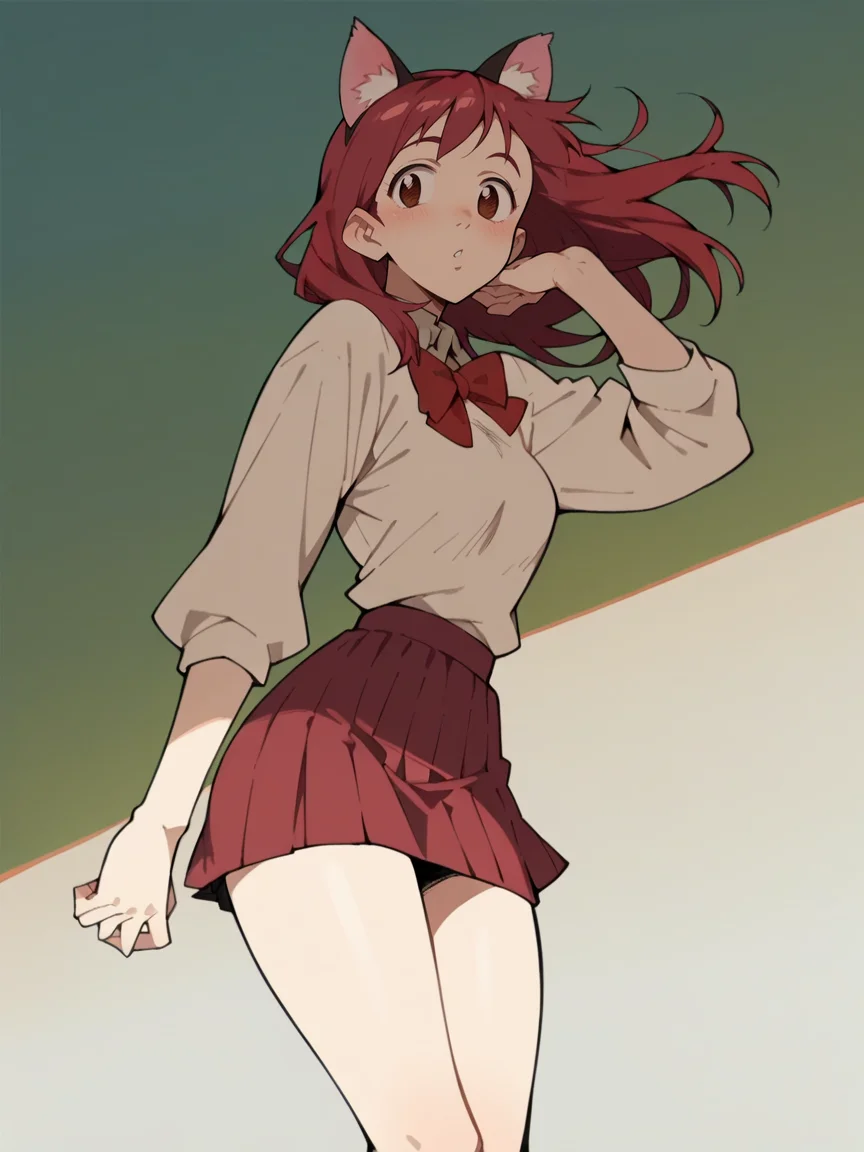 score_9, score_8_up, score_7_up, score_6_up, score_5_up,  <lora:FLCLXLP:1> flcl, brown eyes, red hair, 1girl,  cat ears, skirt, curvy