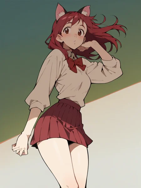 score_9, score_8_up, score_7_up, score_6_up, score_5_up, <lora:FLCLXLP:1> flcl, brown eyes, red hair, 1girl, cat ears, skirt, curvy