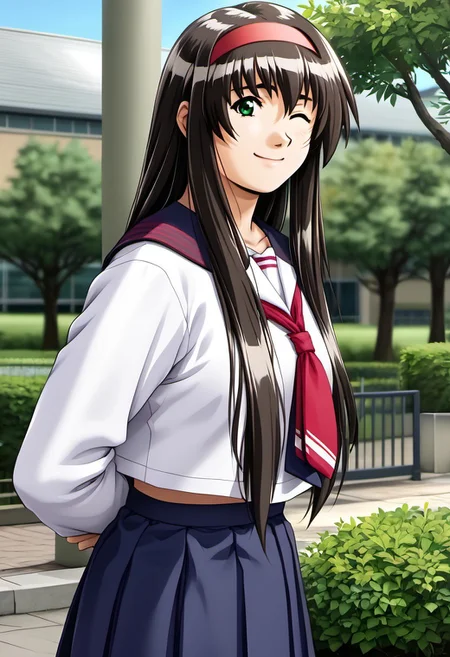 <lora:illustrious_XL_himeno:0.9>,himeno,masterpiece,best quality,good quality,newest,huge filesize,1girl,solo,looking_at_viewer,gentle girl,hairband,smile,:d,school uniform,white_serafuku,long sleeves,white socks,outdoors,sky,day,school,standing,looking_back,closed mouth,smile,one eye closed,arms behind back,