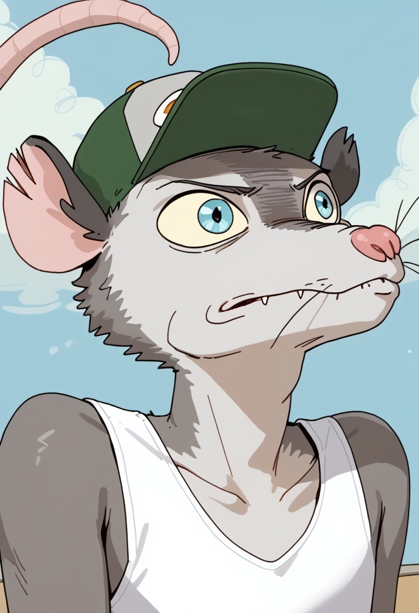Score_9, score_9_up, solo, 1boy, furry, animal, oppossum, pink nose, blue eyes, grey fur, rat tail, opossum tail, animal ears, tank top, cap, green cap, shorts, socks, flip flops, sandals, wiskers, portrait, head close up, close shot, nigth sky, Expressiveh